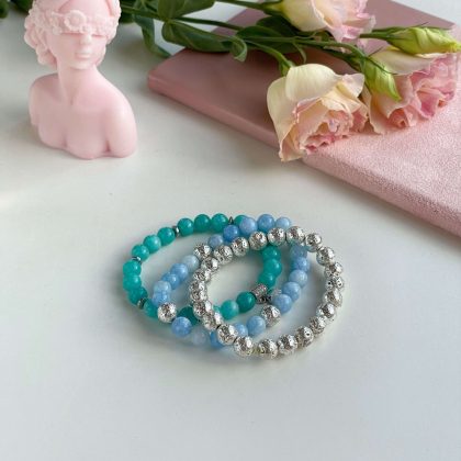 "PURITY" Blue agate bracelet stack, silver lava stone bracelet set, throat chakra jewelry