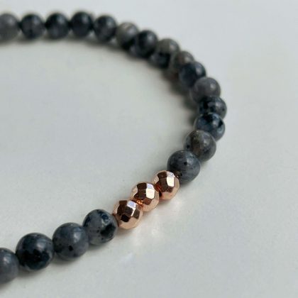 Thin LABRADORITE bracelet 4mm with rose gold hematite, natural stone gift for women