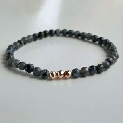 Thin LABRADORITE bracelet 4mm with rose gold hematite, natural stone gift for women