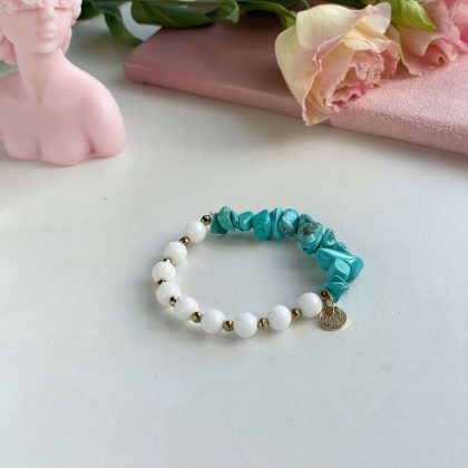 "Vitality" Tumbled turquoise and white agate bracelet, gold coin bracelet, luxury bracelet gift for woman, premium gift for girlfriend