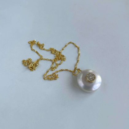 Natural Flat Pearl pendant with zircons, 14k gold filled chain, white coin pearl pendant, luxury pearl gift for her