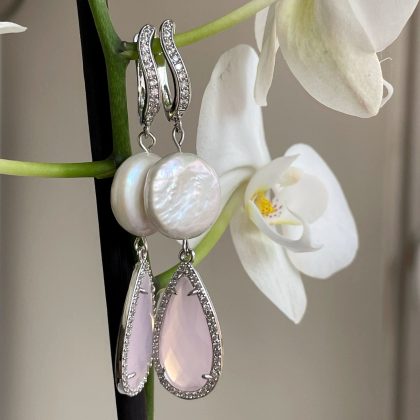 “Grace” - Statement flat pearl earrings with pink crystals, long crystal earrings