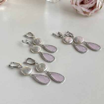 Bridesmaid gifts pearl earrings with pink crystals