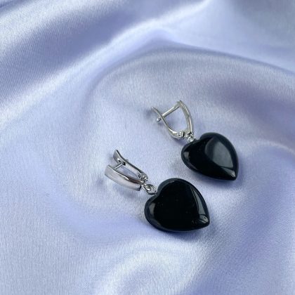 Black Obsidian heart earrings, minimalist black heart earrings silver clasps, valentine's day gift for woman, natural gemstone gift