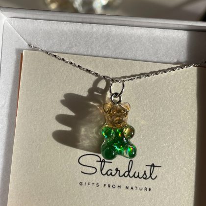 "Cute dreams" - Sweet Green Teddy Bear pendant with gold sparkles, modern bear pendant, luxury gift for girlfriend, anniversary gift girl