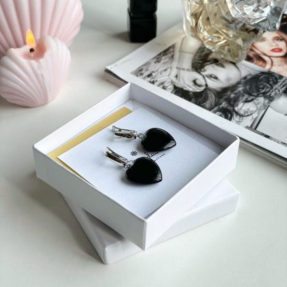 Handmade gift Obsidian heart earrings silver