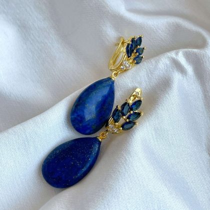 Drop Lapis Lazuli Earrings with blue zircons, luxury blue earrings in gold, boho chic jewelry, statement gemstone earrings