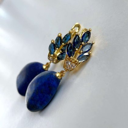 Drop Lapis Lazuli Earrings with blue zircons, luxury blue earrings in gold, boho chic jewelry, statement gemstone earrings