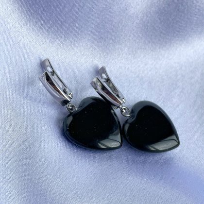 Black Obsidian heart earrings, minimalist black heart earrings silver clasps, valentine's day gift for woman, natural gemstone gift