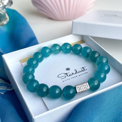 Ocean Blue Agate beaded bracelet, silver zircon bead, bright blue bracelet, anniversary gift for woman