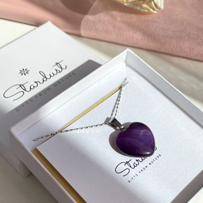 Purple Agate heart pendant silver chain