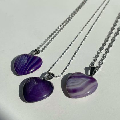 Purple Agate heart pendant silver chains