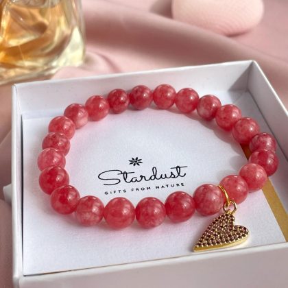 Rose Jade bracelet with gold zircon heart charm, Pink Jade bracelet, valentine's day gift