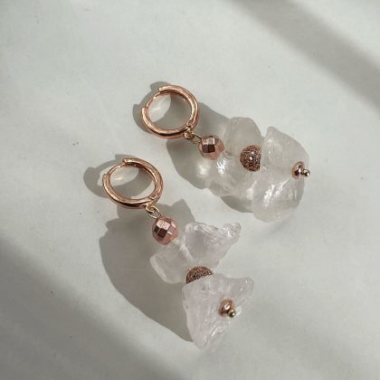 Rose gold earrings with rough clear quartz
