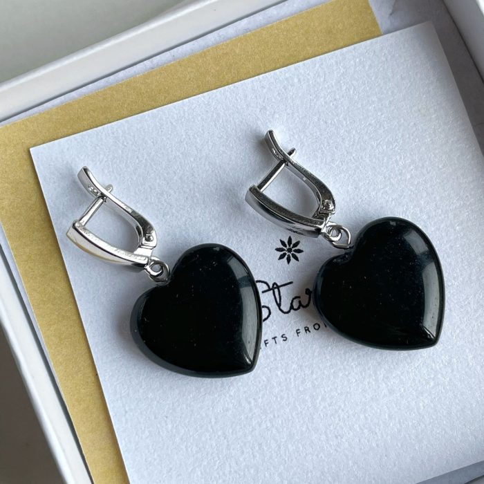 Simple drop Obsidian heart earrings silver