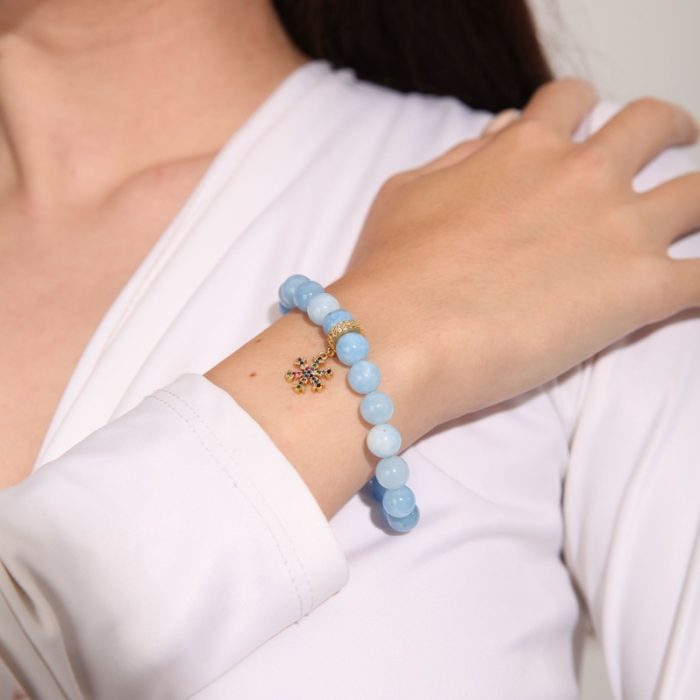 "Calm" Blue agate bracelet with gold Snowflake charm, unique handmade gift for girl