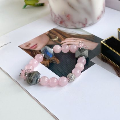 Rose Quartz bracelet with rainbow faced labradorites, unique handmade bracelet gift, luxury natural stone gifts for woman