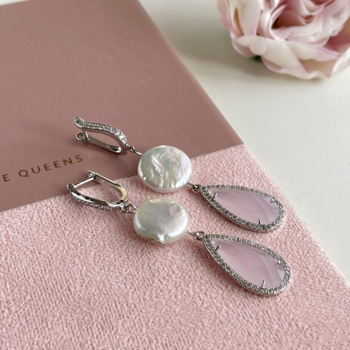 White pearl earrings with pink crystals