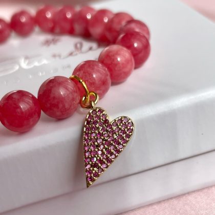 Rose Jade bracelet with gold zircon heart charm, Pink Jade bracelet, valentine's day gift