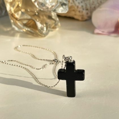 jet Black Obsidian cross necklace