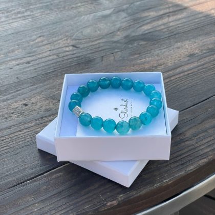 Ocean Blue Agate beaded bracelet, silver zircon bead, bright blue bracelet, anniversary gift for woman