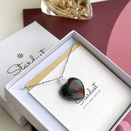 Natural Bloodstone heart pendant, Sterling silver chain, Energy healing pendant