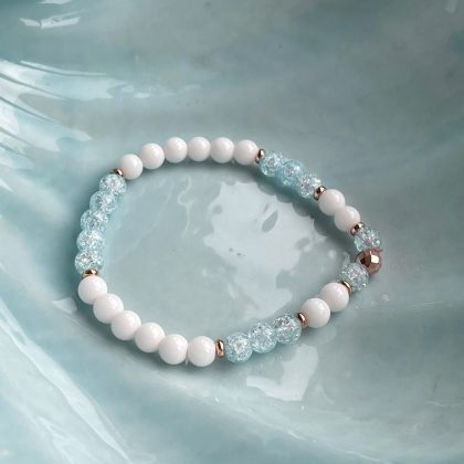 Blue sugar quartz beaded bracelet, tender rose gold bracelet for girl with hematite