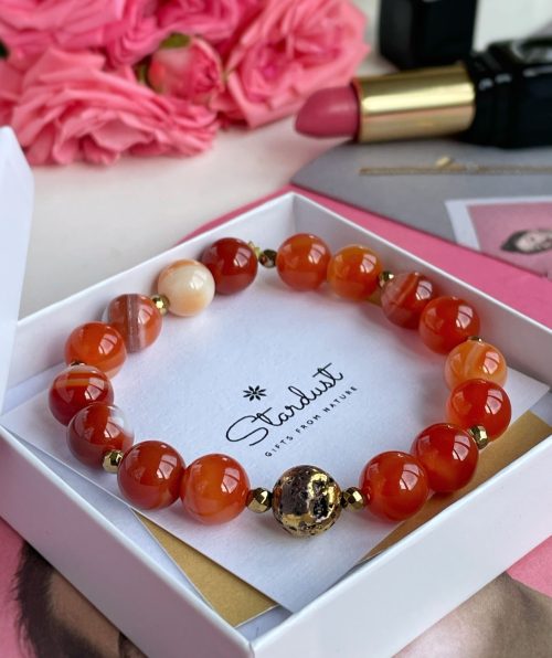 Carnelian beaded bracelet with lava stone accent