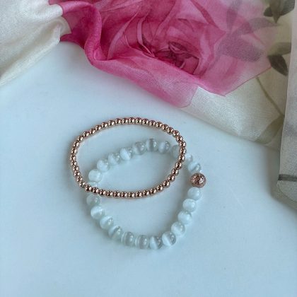 White Cat's Eye bracelet set, rose gold bracelet, Christmas gift girl, Luxury handmade gift for woman, French-style jewelry