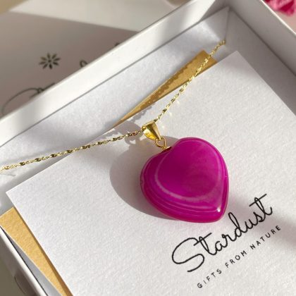 Luxury gift, Pink agate heart pendant, 18k Gold filled star chain, romantic gift for her, Fuchsia pink agate pendant