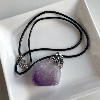 Large Rough Amethyst Pendant with Black Zircons, Raw Purple Amethyst necklace, Crystal pendant