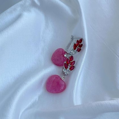 Pink Agate Heart Earrings with red zircon clasps, statement gemstone earrings, Valentines day gift