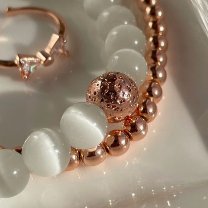 White Cat's Eye bracelet set, rose gold bracelet, Christmas gift girl, Luxury handmade gift for woman, French-style jewelry