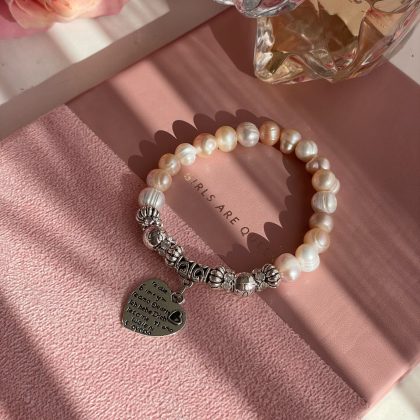 Peach pearl bracelet with heart charm, Silver multi-color pearl beaded bracelet, gift for girl