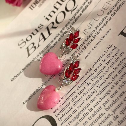 Pink Agate Heart Earrings with red zircon clasps, statement gemstone earrings, Valentines day gift