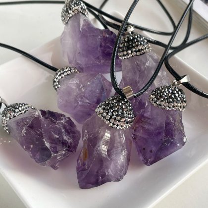 Large Rough Amethyst Pendant with Black Zircons, Raw Purple Amethyst necklace, Crystal pendant