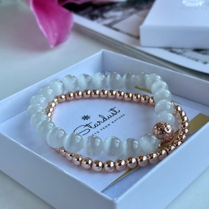 White and rose gold cat eye bracelet set