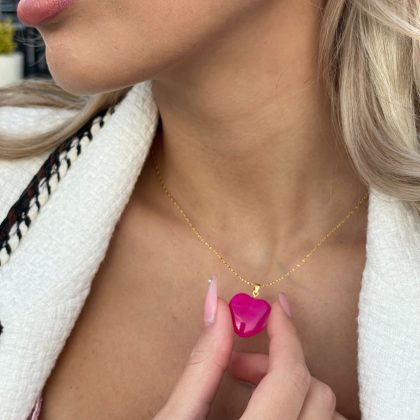Luxury gift, Pink agate heart pendant, 18k Gold filled star chain, romantic gift for her, Fuchsia pink agate pendant