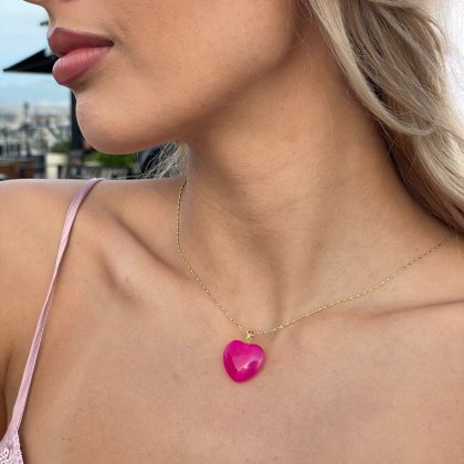 bright pink agate heart pendant gold
