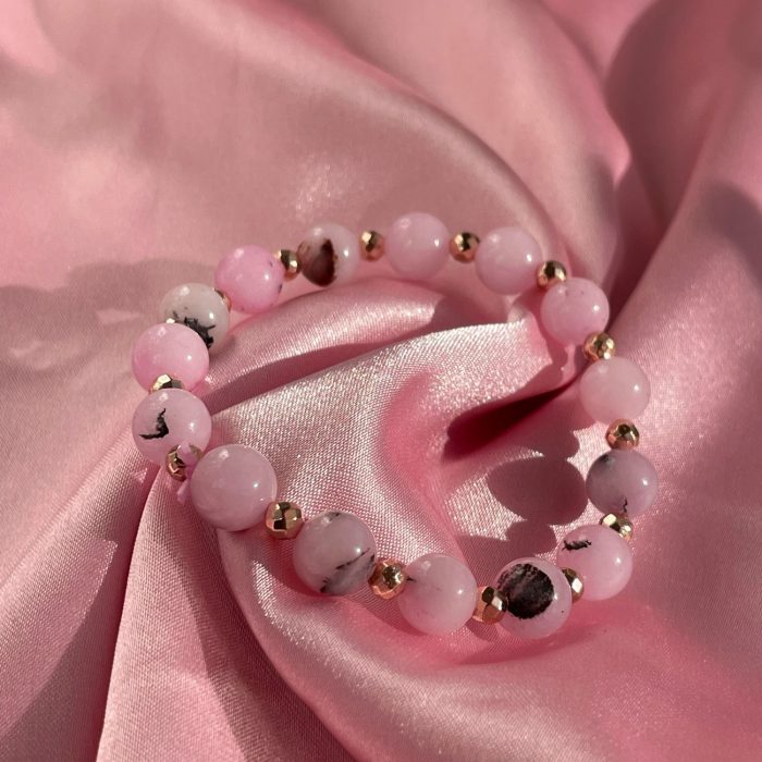 Pink rhodonite beaded bracelet with rose gold hematite, natural rose jade bracelet, Christmas gift for girlfriend