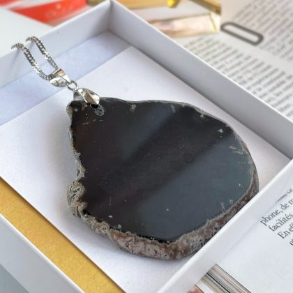 "Healing" stone Black Agate Slice Necklace Dainty Boho Gift For Her - big natural stone