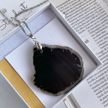 Black Agate slice pendant gift for her