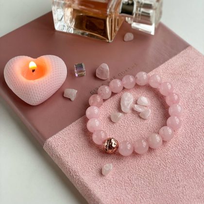 Deep Rose Quartz beaded bracelet 10mm with rose gold bead for women, pink natural stone bracelet, luxury gift for girlfriend