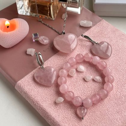 Rose Quartz heart gift set for her - heart earrings with zircons, bracelet with heart charm, rose quartz heart pendant, natural stone gift