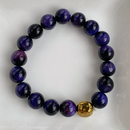 Purple Tiger eye womens bracelet gold lion, Deep Purple beaded bracelet, Luxury 18k Gold charm bracelet for woman
