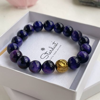 Purple Tiger eye womens bracelet gold lion, Deep Purple beaded bracelet, Luxury 18k Gold charm bracelet for woman