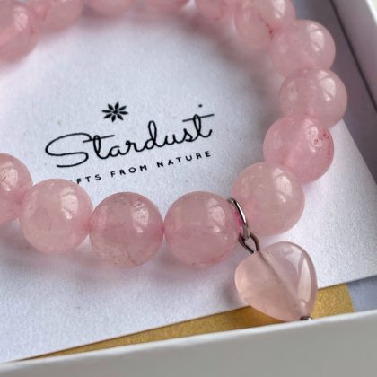 Rose Quartz beaded bracelet 10mm with heart charm, luxury gift for girlfriend, valentine's day gift for her