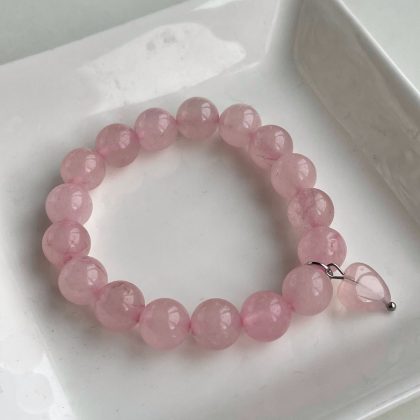 Rose Quartz beaded bracelet 10mm with heart charm, luxury gift for girlfriend, valentine's day gift for her