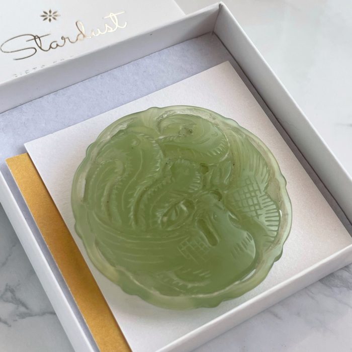 “Harmony” Premium Chinese Milky Nephrite green jade carved dragon pendant, Large round jade pendant Active