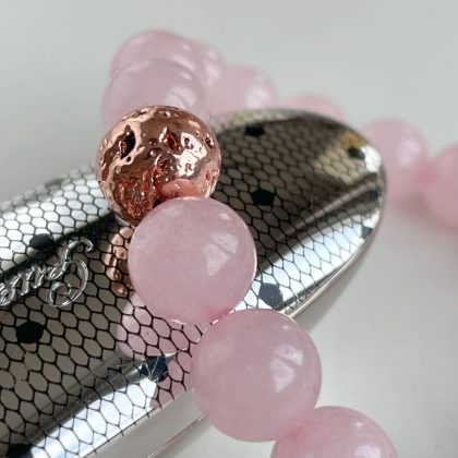 Deep Rose Quartz beaded bracelet 10mm with rose gold bead for women, pink natural stone bracelet, luxury gift for girlfriend